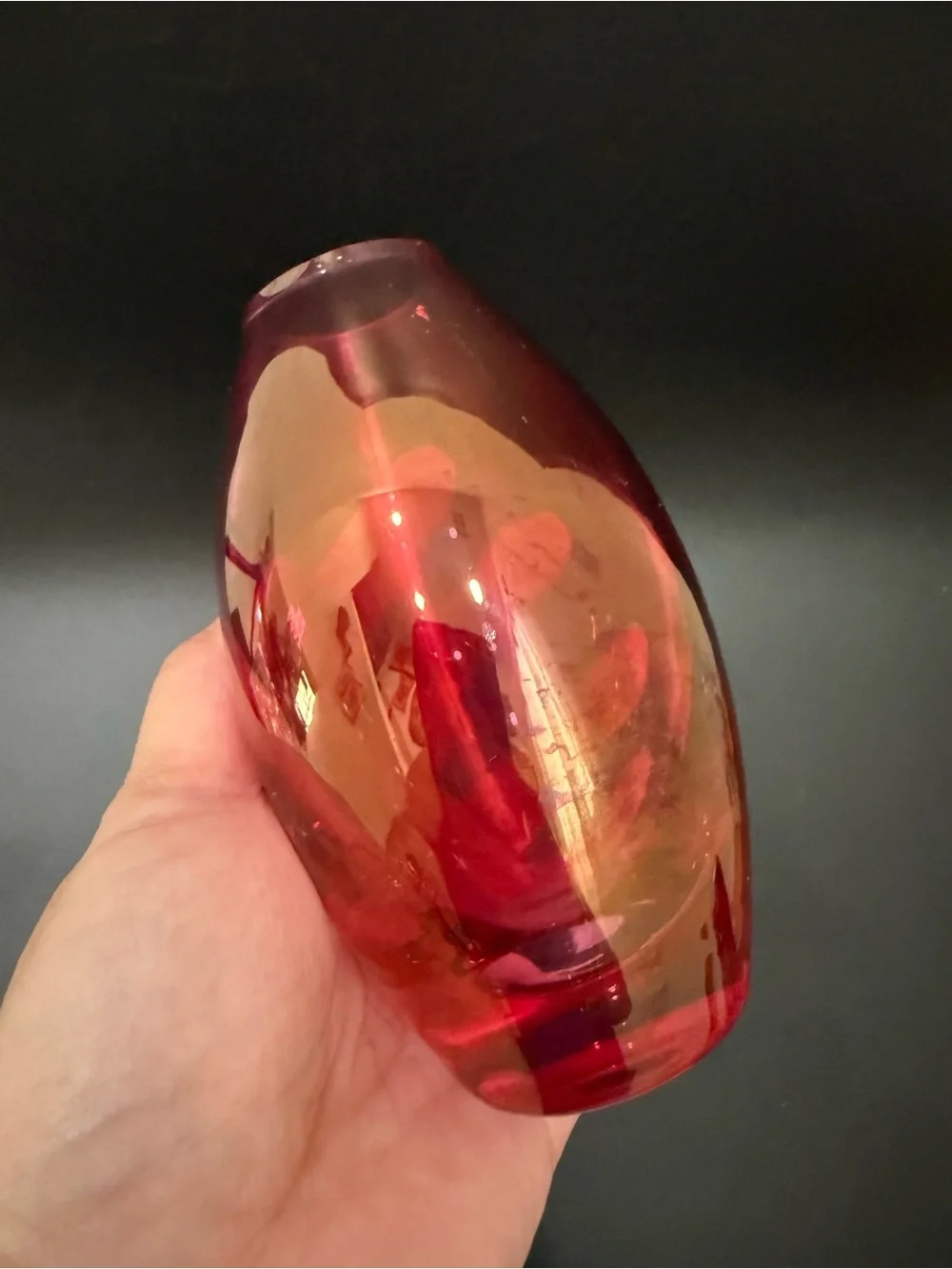 Iridescent Cranberry Rounded Teardrop Blown Art Glass 5” Vase